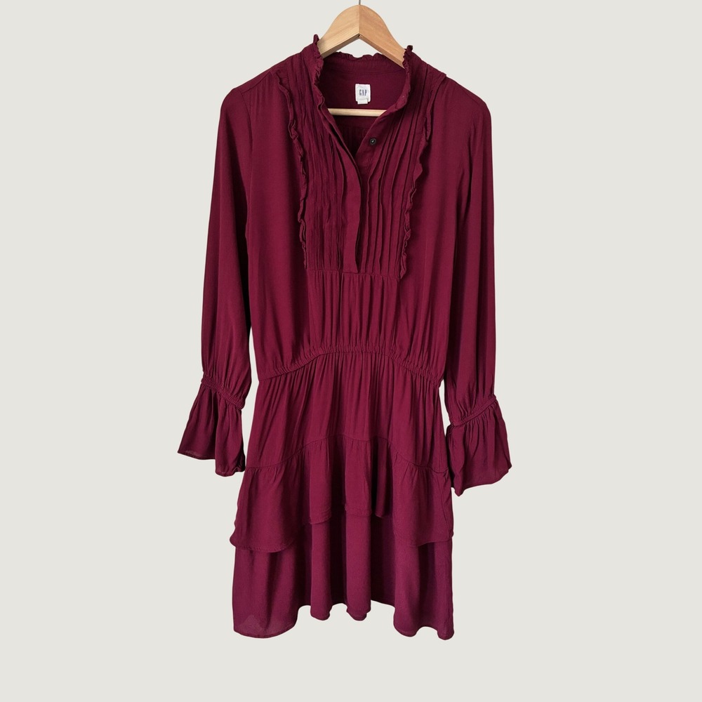 Gap Burgundy Ruffle Tiered Mini Dress Long Sleeve Pleated Henley boho XS